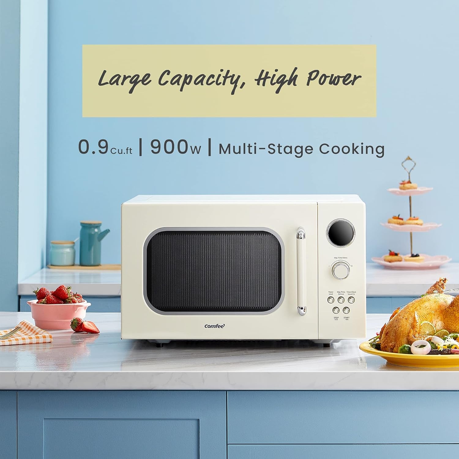 COMFEE' CM-M092AAT Retro Microwave with 9 Preset Programs, Fast Multi-Stage Cooking, Turntable Reset Function Kitchen Timer, Mute Function, ECO Mode, LED Digital Display, 0.9 Cu.Ft, 900W, Apricot