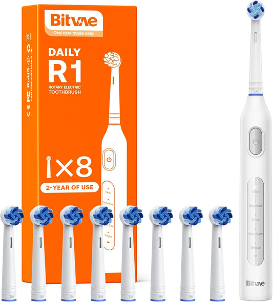 Bitvae Electric Toothbrush 8 Brush 5 Modes Brushing White