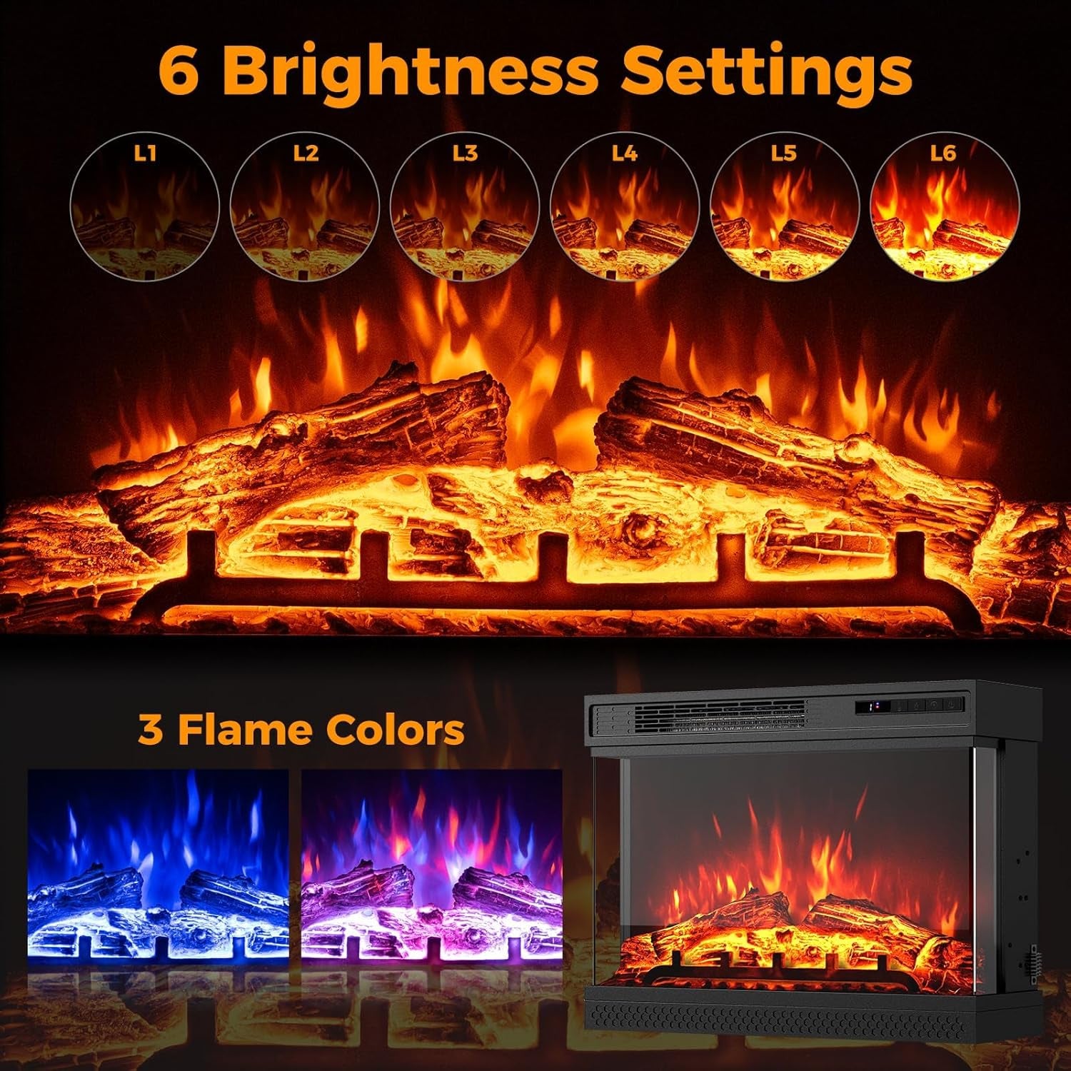 SIMOE Glass Electric Fireplace Heater With Remote & Adjustable Flame Colors and Overheat Protection