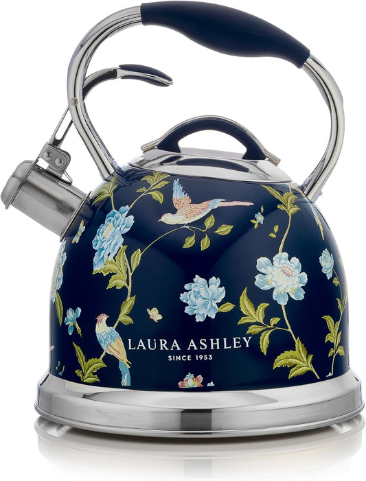 VQ Laura Ashley Elveden Navy 3L Stainless Steel Tea Kettle Stovetop Whistling Teapot for Induction, Gas Hob or Others. Silicon Coated Cool Handle & Push Button Mechanism Vintage Stove Top Kettle