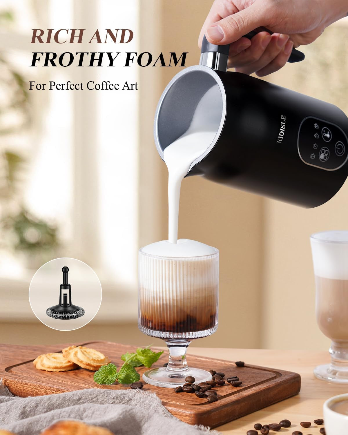 Electric Milk Frother, 4 in 1 Milk Frother and Steamer with Temperature Control, Automatic Warm and Cold Foam Maker for Coffee, Latte, Hot Chocolate, Cappuccinos, Macchiato, Black