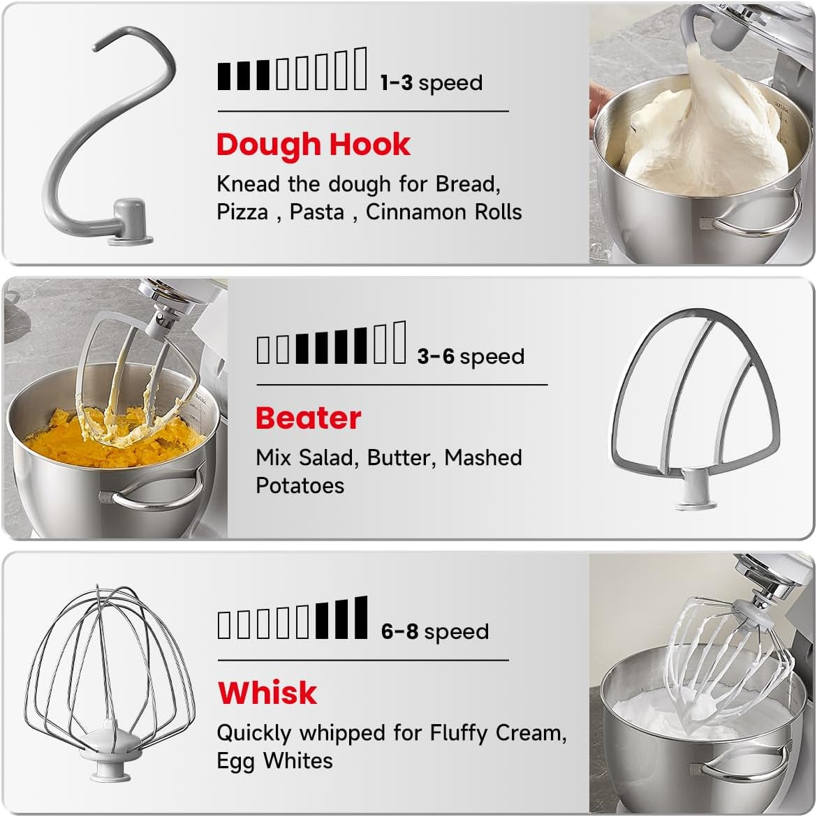 Hauswirt Electric Stand Mixer M5C, 3-In-1,5.4Qt Dough Mixer, 8-Speed Tilt-Head Food Mixer, Kitchen Electric Mixer with Dough Hook, Wire Whip & Beater, (Ivory White) Meat Grinder Sold Separately