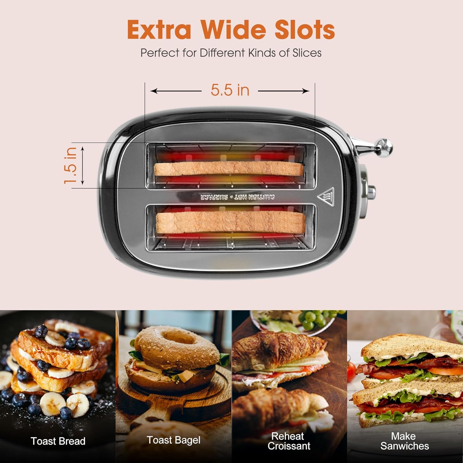 CROWNFUL 2-Slice Toaster, Extra Wide Slots Toaster, Retro Stainless Steel with Bagel, Cancel, Defrost, Reheat Function and 6-Shade Settings, Removal Crumb Tray, Black