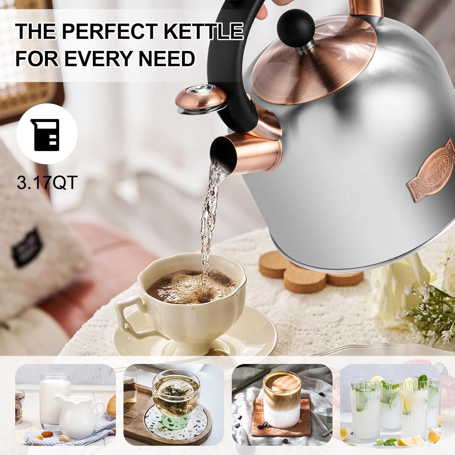 SUSTEAS Premium Stainless Steel Tea Kettle 3 Litter with Ergonomic Handle