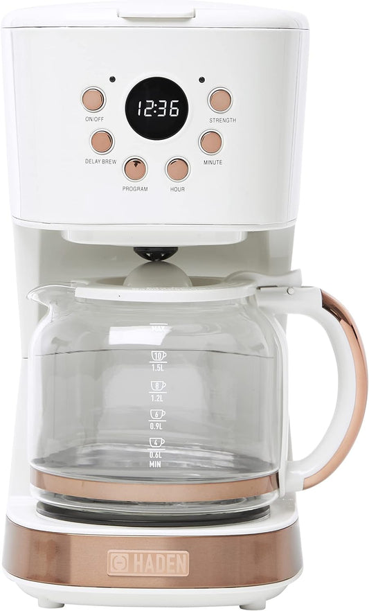 Haden Coffee Machine, 12 Cup Programmable Drip Coffee Maker with Auto Shut-Off Function and Reusable Washable Water Filter, Ivory & Copper