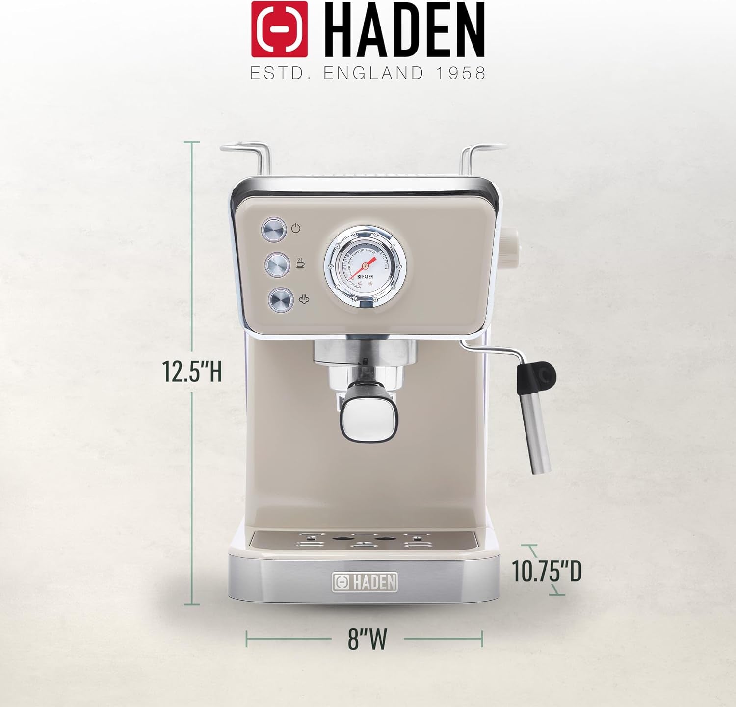 HADEN Barista Brew Espresso Coffee Machine Stainless Steel with Milk Frother and Steamer Function and 1.5L Water Tank Putty & Copper