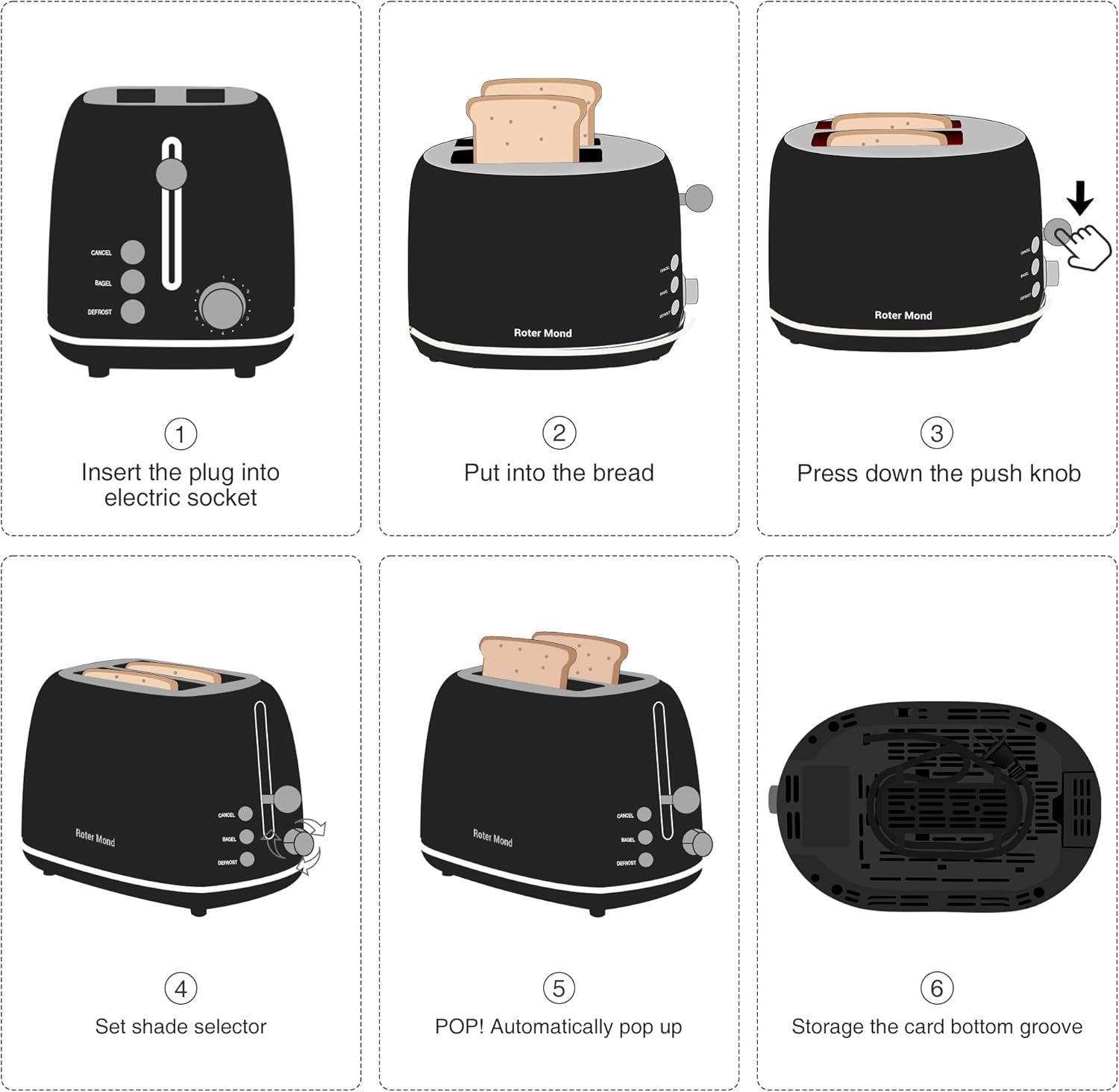 2 Slice Toaster Roter Mond Retro Stainless Steel Toaster with Bagel, Cancel, Defrost Function and 6 Bread Shade Settings Bread Toaster, Extra Wide Slot and Removable Crumb Tray, Black