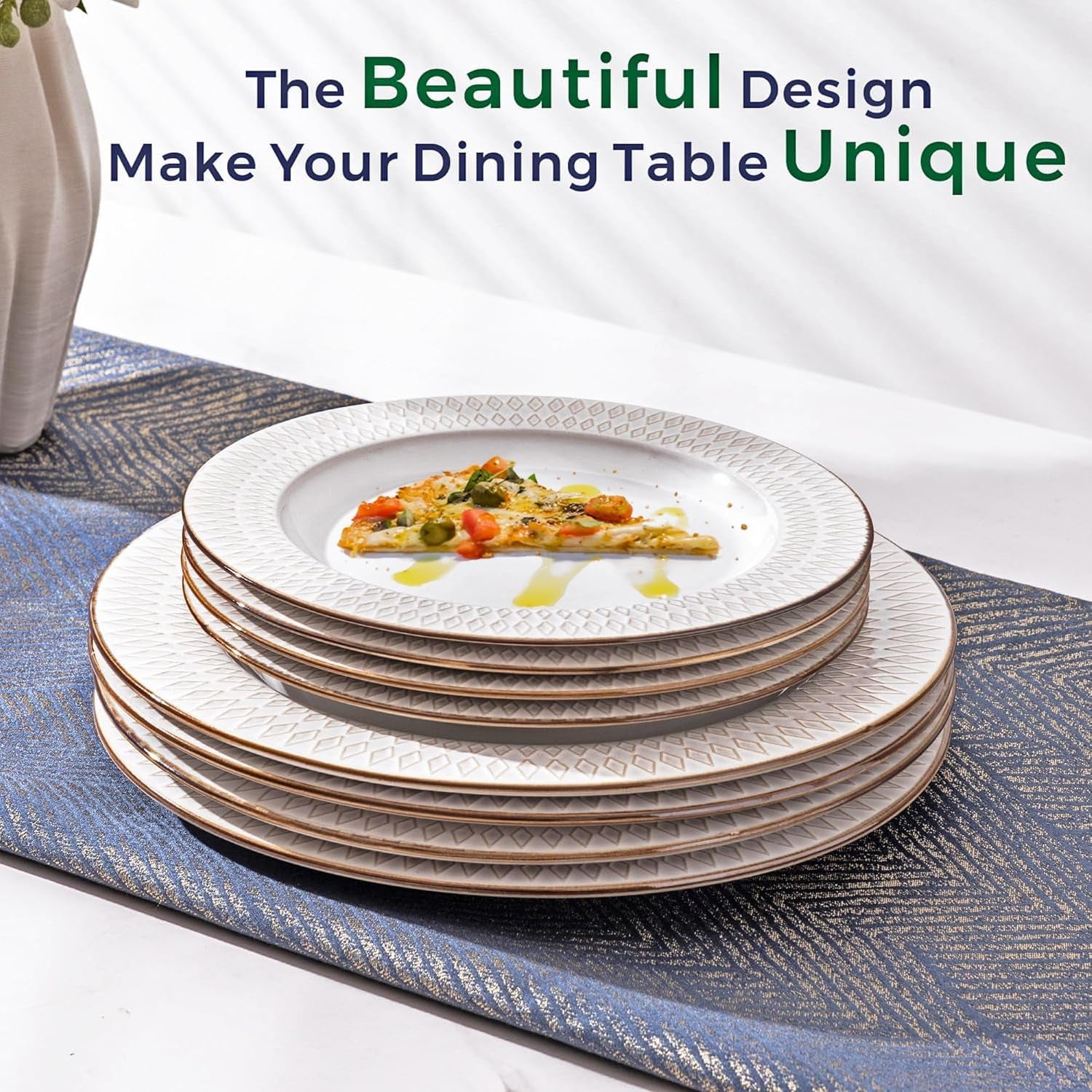 Ceramic Dinnerware Sets, Embossed Elegant Stoneware Plates and Bowls Sets, Housewarming Wedding Gift | Dishwasher & Microwave Safe | Dishes Set Service for 4