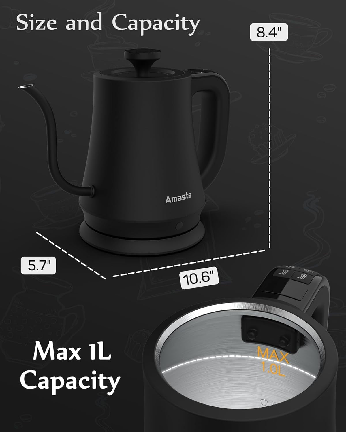 Amaste Gooseneck Electric Kettle, Electric Tea Kettle with Temperature Control, 34Oz Pour over Electric Kettle for Coffee & Tea, 304 Stainless Steel Inner, Auto Shut-Off & Keep Warm, Matte Black