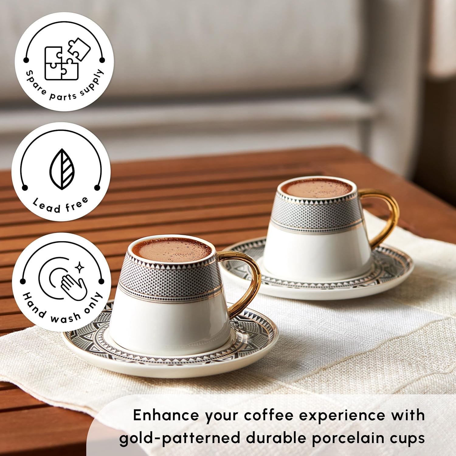 KARACA Globe Turkish Coffee Cup Set of 6, 80Ml, 2.7 Oz, Small Espresso Cups with Saucers, Porcelain, Black Patterns and Gold Handles, Ideal for Serving Coffee, Espresso, and Cappuccino