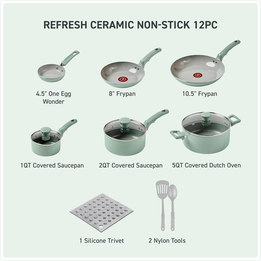 T-Fal Refresh Ceramic, Ceramic Non Stick Cookware Set 12 Piece, Oven Broiler Safe 350F, Cookware, Kitchen Cooking Set W/Fry Pans, Saucepans & Kitchen Utensils, Pots and Pans Set Non Stick, Mint Green