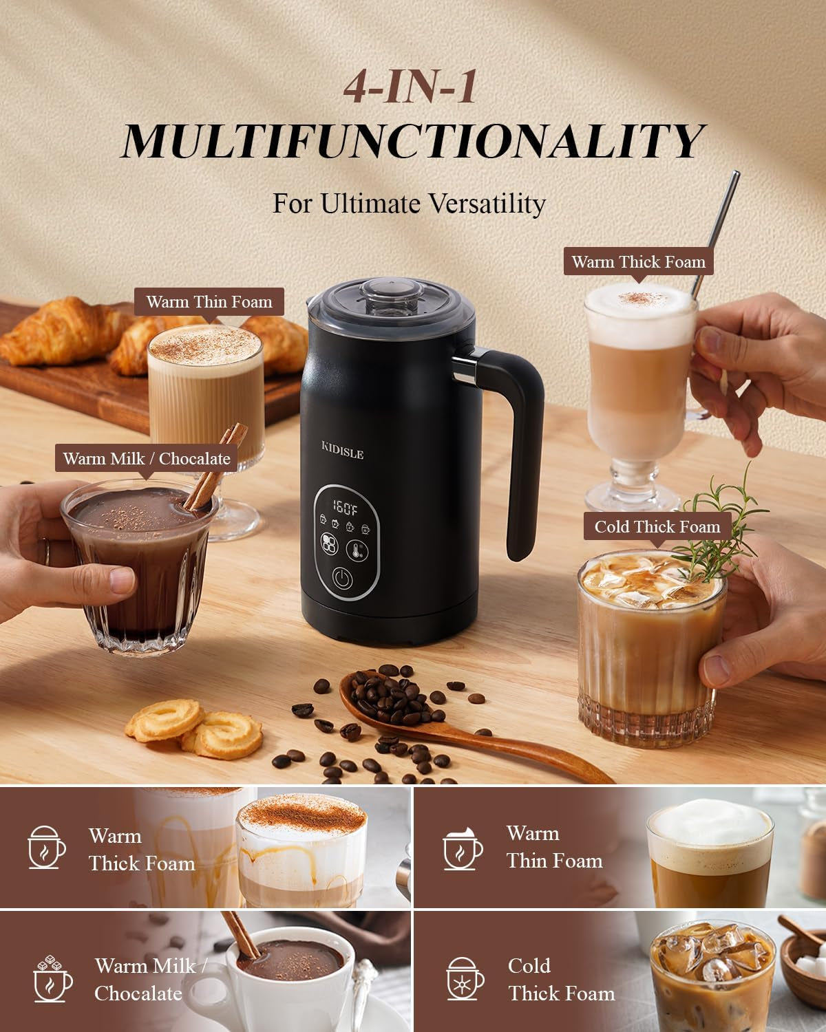 Electric Milk Frother, 4 in 1 Milk Frother and Steamer with Temperature Control, Automatic Warm and Cold Foam Maker for Coffee, Latte, Hot Chocolate, Cappuccinos, Macchiato, Black