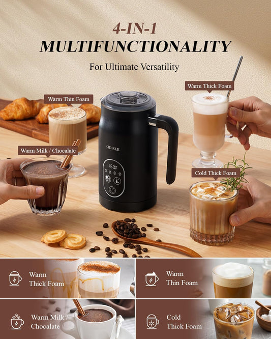 Electric Milk Frother, 4 in 1 Milk Frother and Steamer with Temperature Control, Automatic Warm and Cold Foam Maker for Coffee, Latte, Hot Chocolate, Cappuccinos, Macchiato, Black