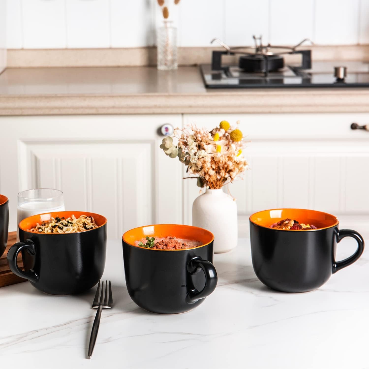 Jumbo Soup Mugs with Handles, 24 Oz Large Coffee Mugs Set of 4, Ceramic Soup Bowls for Coffee,Cereal,Snacks,Salad,Noodles Etc Soup Cups,Microwave&Dishwasher Safe-Orange Inside