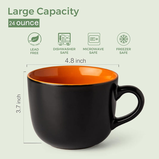 Jumbo Soup Mugs with Handles, 24 Oz Large Coffee Mugs Set of 4, Ceramic Soup Bowls for Coffee,Cereal,Snacks,Salad,Noodles Etc Soup Cups,Microwave&Dishwasher Safe-Orange Inside