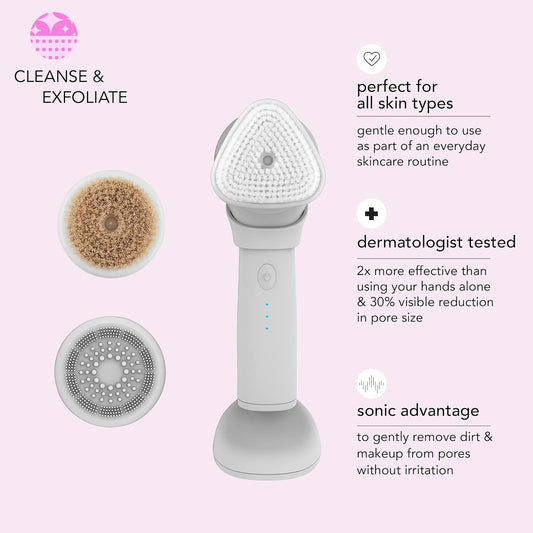 Skn by Conair Daily Glow Facial Cleansing Brush, All-In-One Facial Brush Includes 3 Interchangeable Attachments for Complete Cleansing, Exfoliation, and Rejuvenation