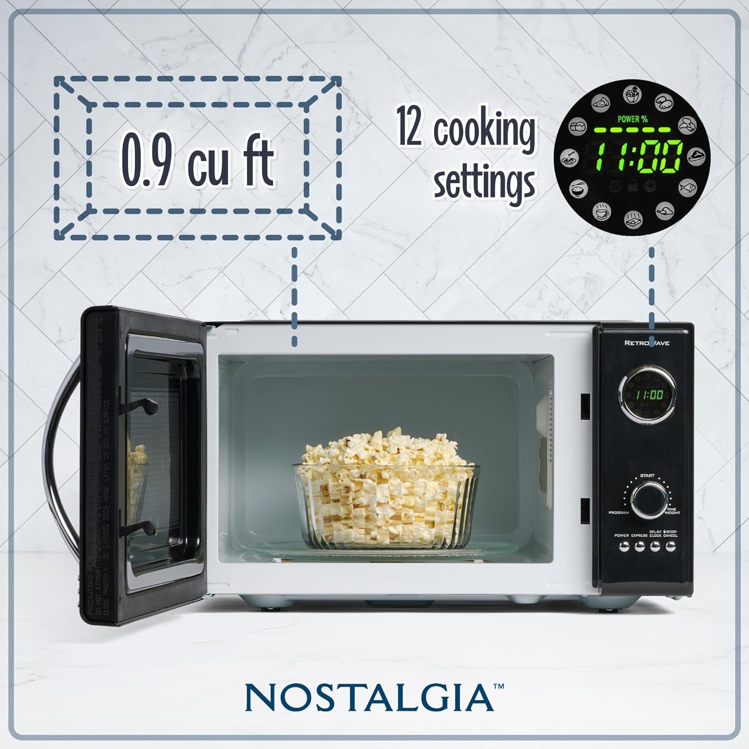 Nostalgia Retro Countertop Microwave Oven - Large 800-Watt - 0.9 Cu Ft - 12 Pre-Programmed Cooking Settings - Digital Clock - Kitchen Appliances - Black