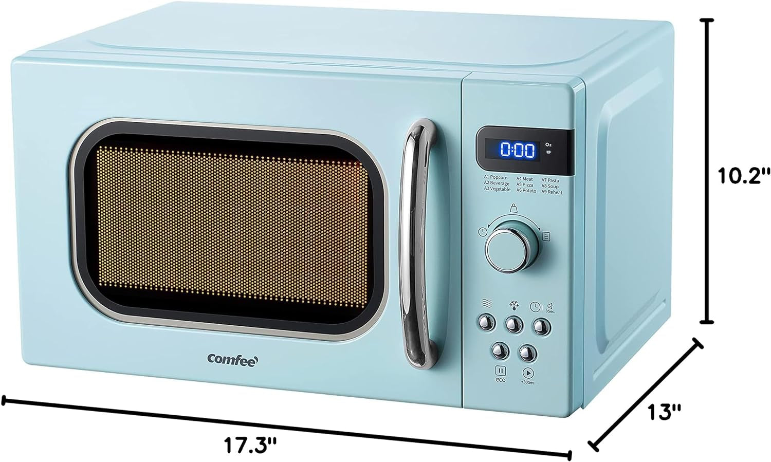 COMFEE' Retro Small Microwave Oven with Compact Size, 9 Preset Menus, Position-Memory Turntable, Mute Function, Countertop Microwave for Small Spaces, 0.7 Cu Ft/700W, Green, AM720C2RA-G