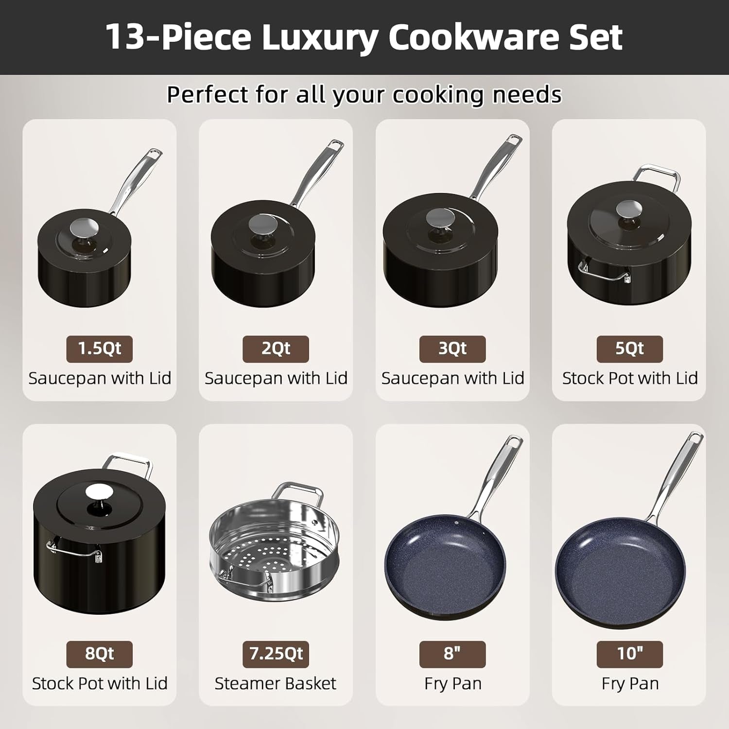 Nuwave Lux 13Pc Forged Lightweight Cookware Set PFAS Free, Healthy G10 Duralon Ceramic Coating, Ultra Non-Stick, Stay-Cool Handles, Works on All Cooktops & Induction Ready