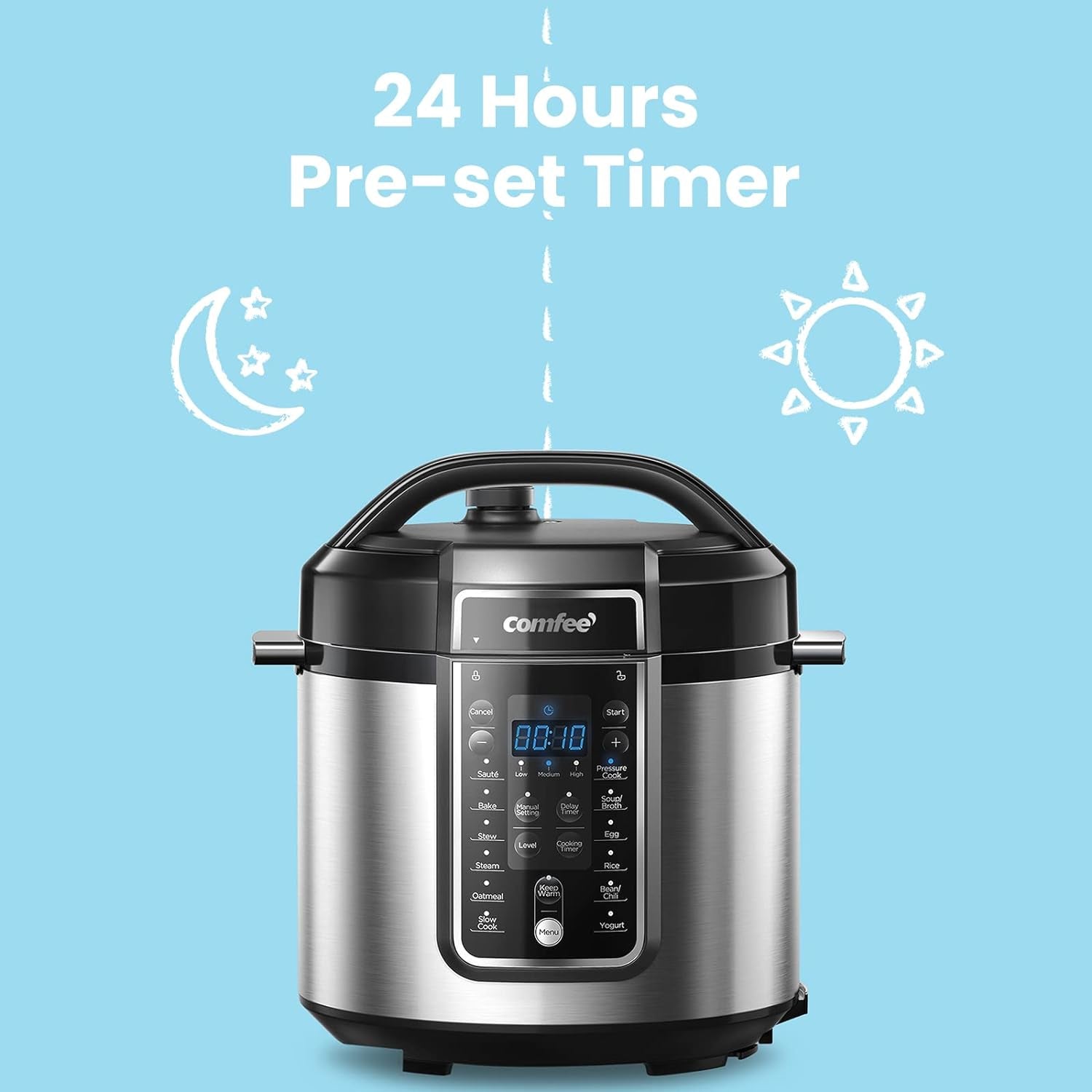 COMFEE’ Pressure Cooker 6 Quart with 12 Presets, Multi-Functional Programmable Slow Cooker, Rice Cooker, Steamer, Sauté Pan, Egg Cooker, Warmer and More