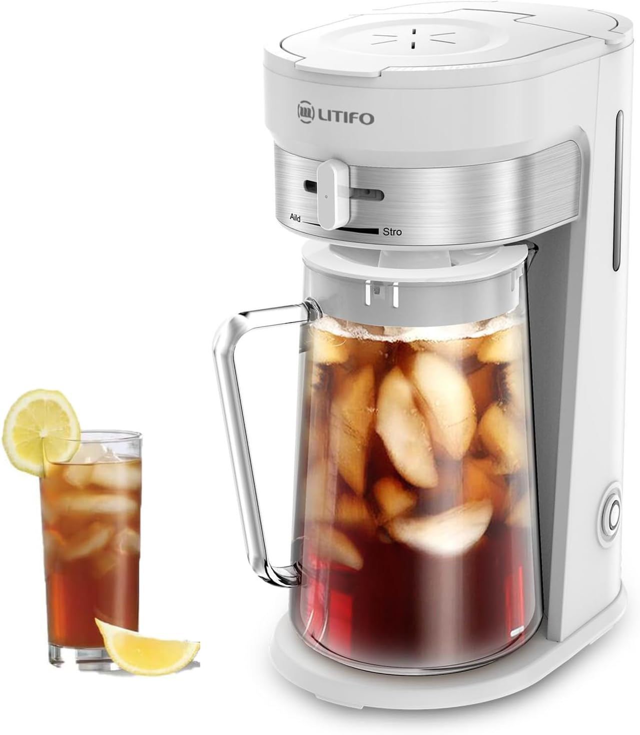 LITIFO Iced Tea Maker and Iced Coffee Maker Brewing System with 2.5-Quart Pitcher, Sliding Strength Selector for Taste Customization, Stainless Steel (White)