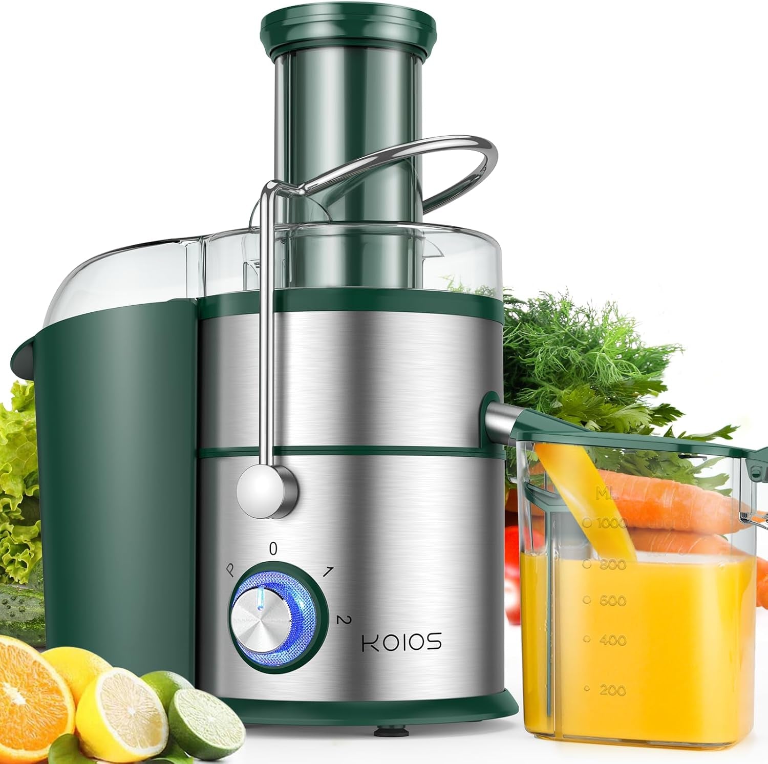 1300W KOIOS Centrifugal Juicer Machines, Juice Extractor with Extra Large 3Inch Feed Chute, Full Copper Motor, Titanium-Plated Filter, High Juice Yield, 3 Speeds Mode, Brush Included, Non-Bpa, Green