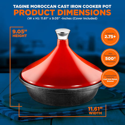 Nutrichef Moroccan Tagine Pot for Cooking - Premium Cast Iron Cooking Pot with Stainless Steel Knob and Red Cone-Shaped Porcelain Enameled Lid - 11.6" Width, 2.75 Qt