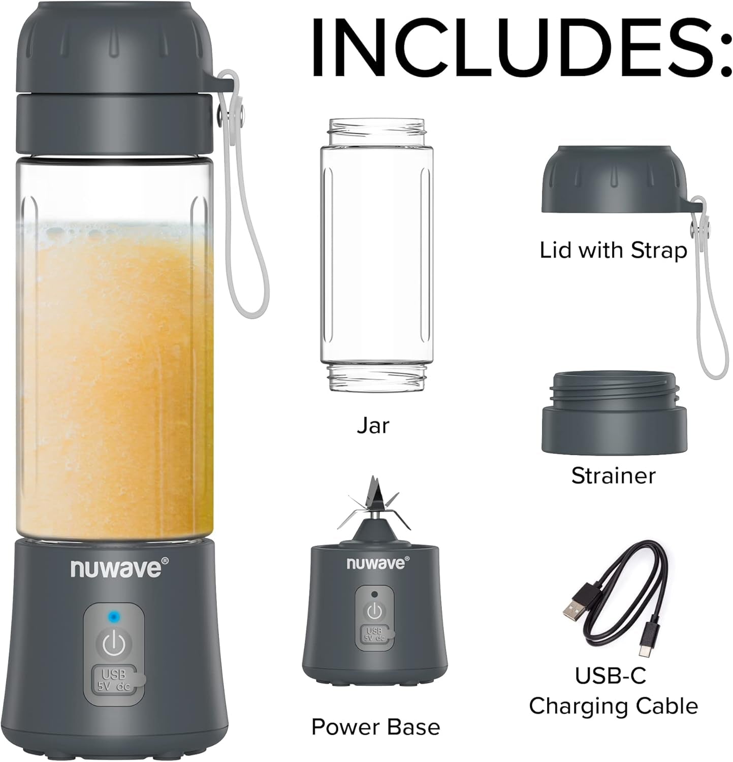 Nuwave Portable Blender for Shakes and Smoothies, On-The-Go Personal Blender with USB-C Rechargeable, 6-Piece-Blade for Crushing Ice, BPA Free 18 Oz Tritan Jar for Travel, Office and Sports