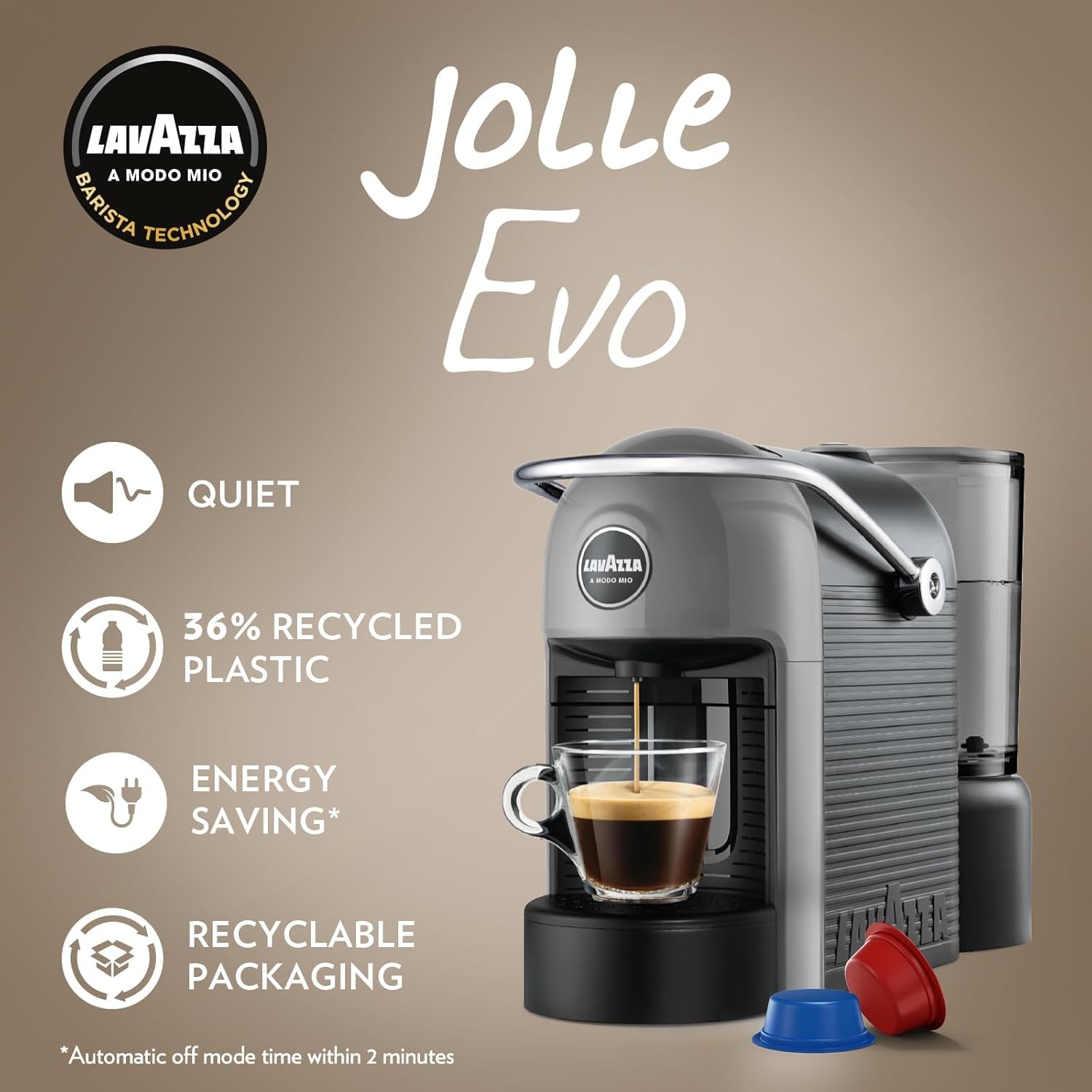 , a Modo Mio Jolie EVO, Coffee Capsule Machine, Made from 36% Recycled Plastic, Compatible with a Modo Mio Pods, with Removable Cup Rest, Automatic Shut-Off, 1250 W, 220–240 V, 50–60 Hz, Grey