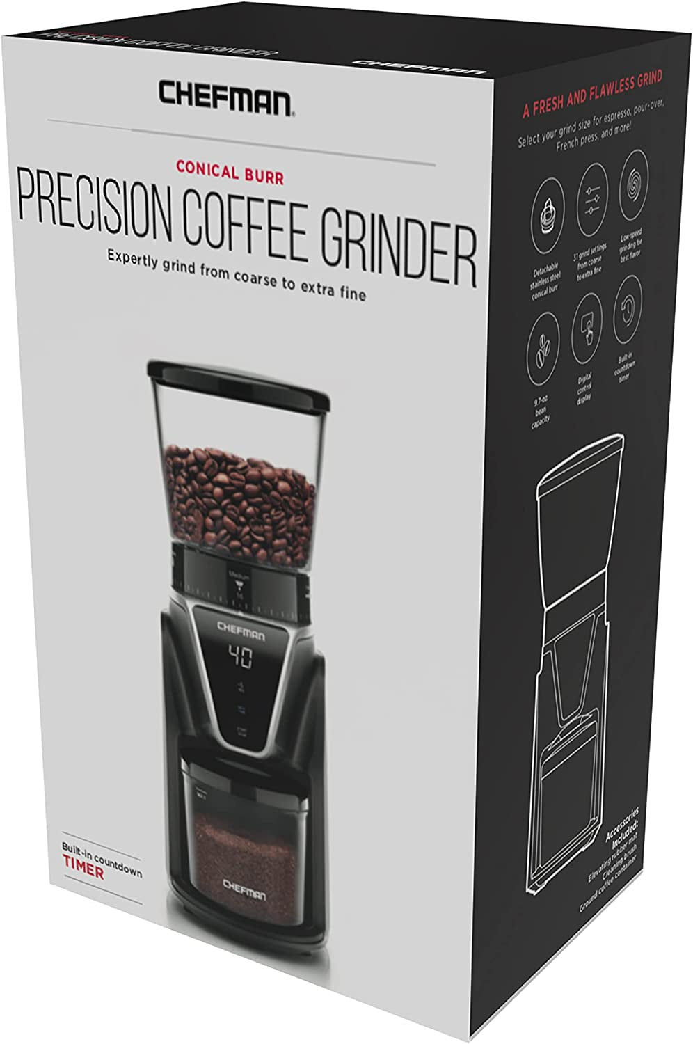 Chefman Conical Burr Coffee Grinder, Create the Boldest & Most Flavorful Grind with 31 Settings from Coarse to Extra Fine, One-Touch Digital Control & 9.7-Oz Bean Capacity, Black