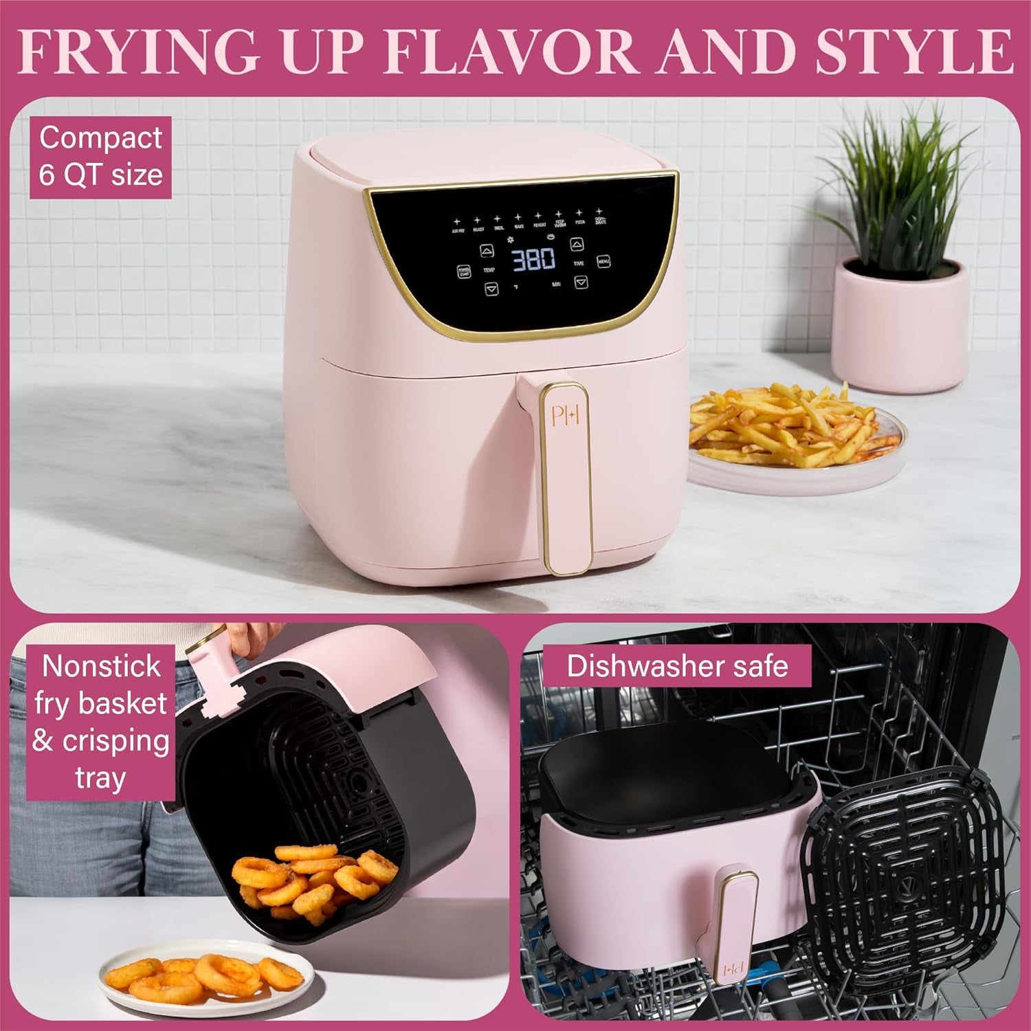 Paris Hilton Air Fryer, Large 6-Quart Capacity, Touchscreen Display, 8-In-1 (Air Fry, Roast, Broil, Bake, Reheat, Keep Warm, Pizza, Dehydrate), Dishwasher Safe and Nonstick Basket and Crisper, Pink