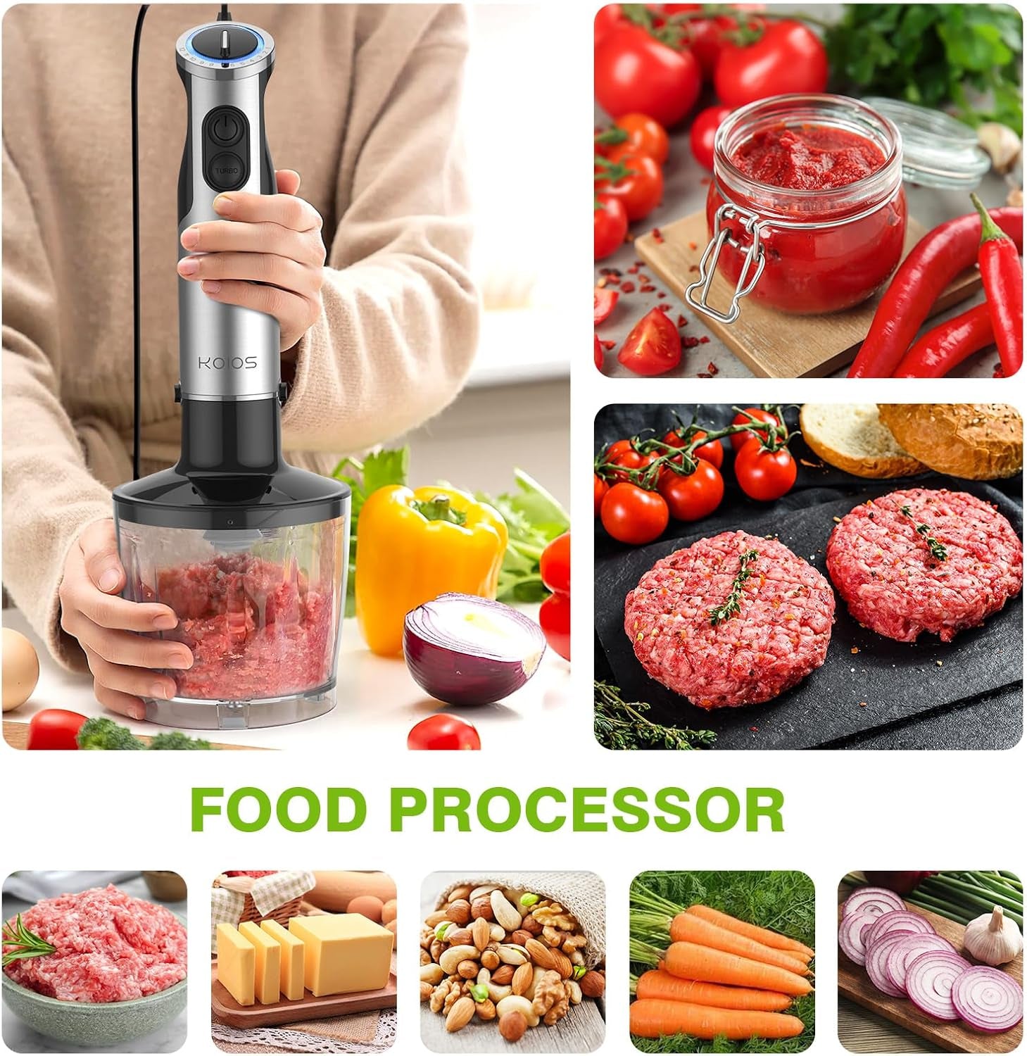 KOIOS Immersion Hand Blender, 5-In-1 Hand Blender with Entire Stainless Steel Blender Shaft, Full Copper Motor, Built in 12 Speed Turbo Stick Blender, Handheld Blender for Baby Food, Smoothies, Soups