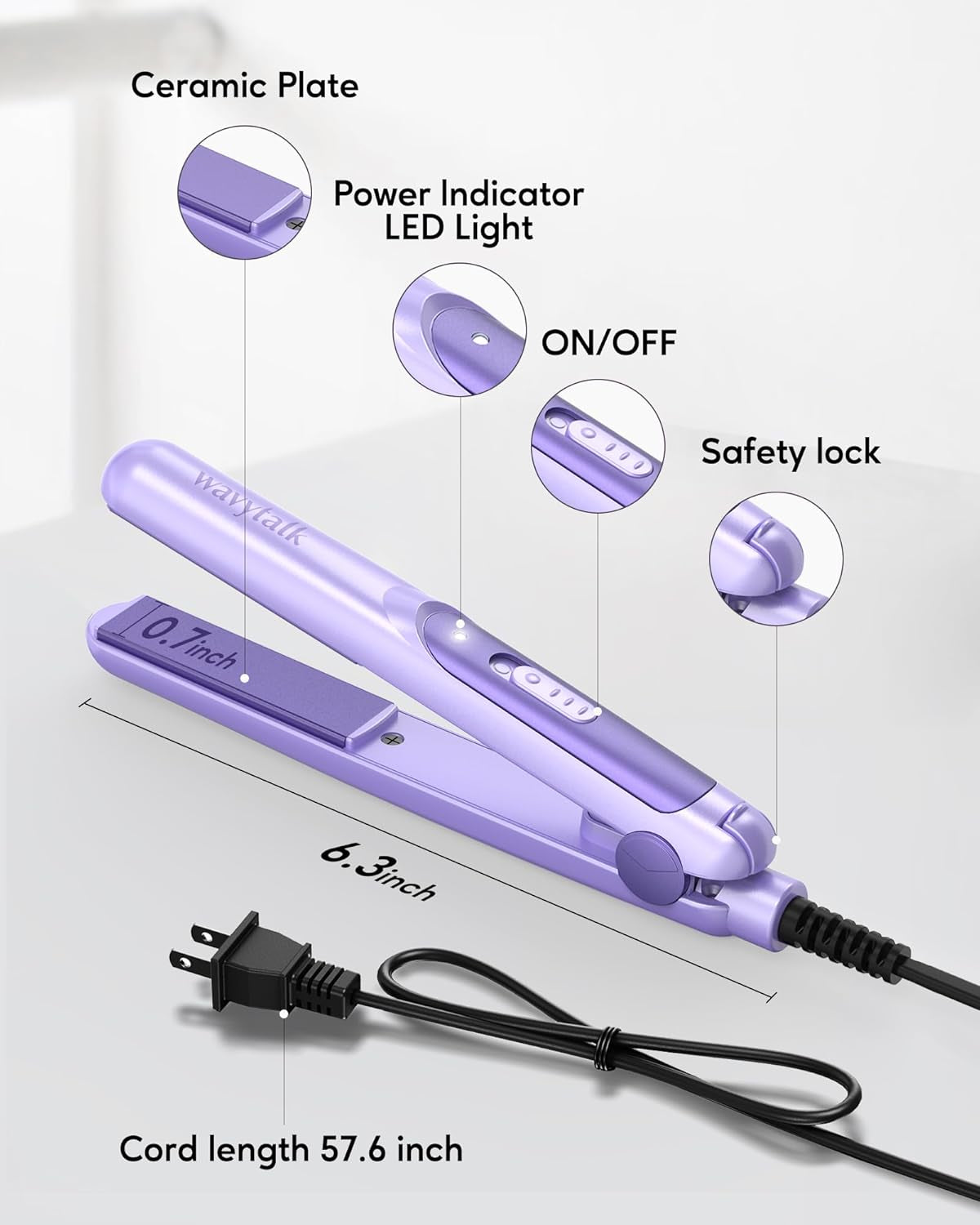 Wavytalk Ceramic Mini Hair Straightener - Curls Bangs - Dual Voltage Purple