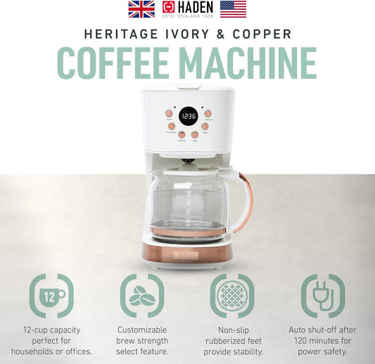 Haden Coffee Machine, 12 Cup Programmable Drip Coffee Maker with Auto Shut-Off Function and Reusable Washable Water Filter, Ivory & Copper