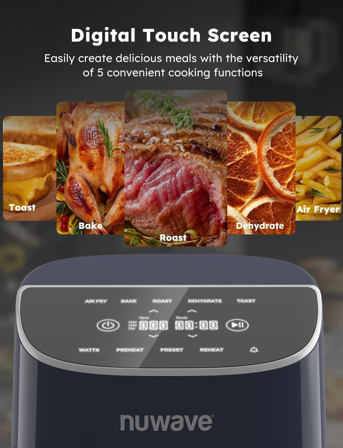 Nuwave Brio plus 8 Qt Air Fryer, PFAS Free, New & Improved, Digital Touch Screen, Cool White Display, 50°F~400°F in Precise 5°, 5 Cook Functions, 100 Presets & 50 Memory, 3 Wattages 700, 1500, 1800