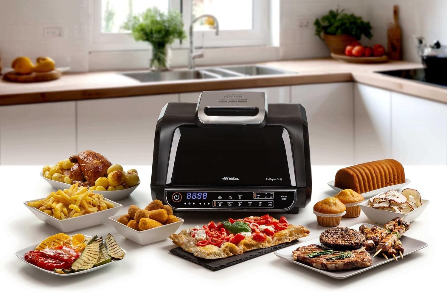 Ariete 4635 Air Fryer Grill, Friggitrice Ad Aria E Griglia, Bistecchiera,1700W, Capacità 8L, Friggi E Griglia, 8 Funzioni Di Cottura, Timer, Nero