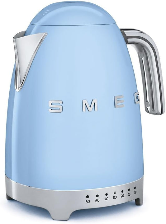 Smeg 50'S Retro 7 Cup Stainless Steel Variable Temperature Electric Kettle with 7 Temperature Settings, Led Display, Swivel Base and Keep Warm Function Pastel Blue KLF04BLUS