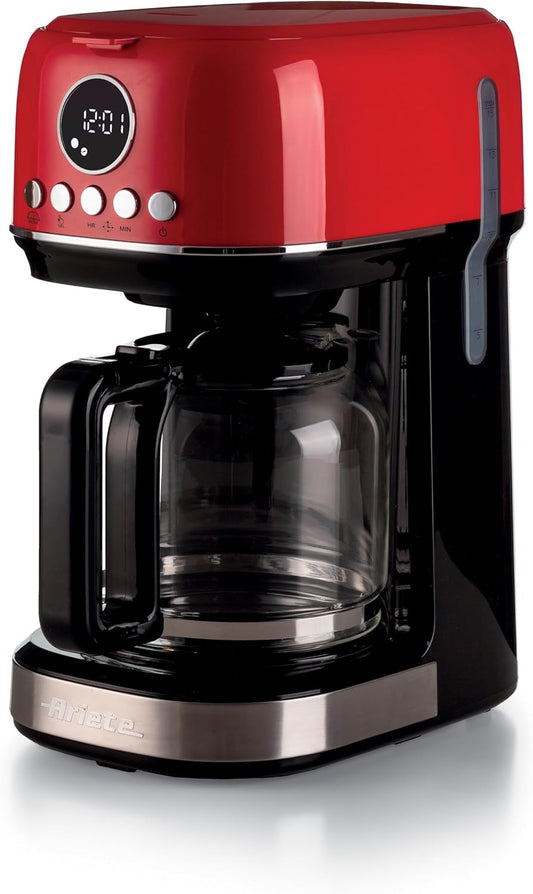 Ariete 1396 Macchina Da Caffè Con Filtro Moderna, Caffè Americano, Capacità Fino a 15 Tazze, Base Riscaldante, Display LCD, Filtri Estraibili E Lavabili, Rosso