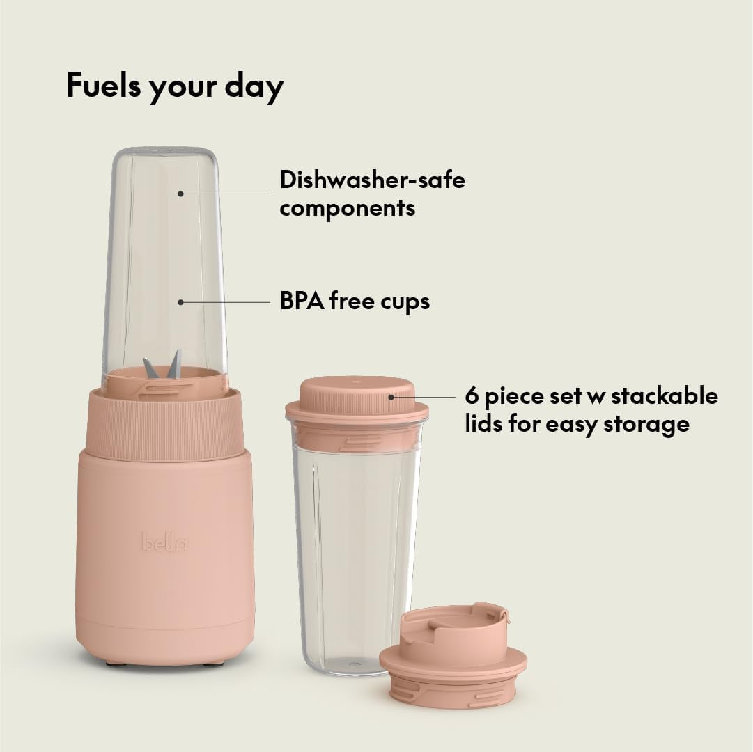 Bella 6 Pcs Portable Rocket Blender, Juicer & Smoothie Maker, Press & Twist Design, Evergood™ & BPA Free Dishwasher Safe Parts, 4 Tip Stainless Steel Blade, Cord Wrap, 240 Watt Motor, Blossom