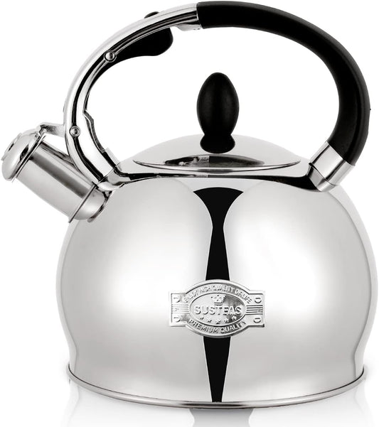 SUSTEAS Stove Top Whistling Tea Kettle - Food Grade Stainless Steel Teakettle Teapot with Cool Touch Ergonomic Handle, with 1 Silicone Pinch Mitt Included,2.64 Quart(Silver)