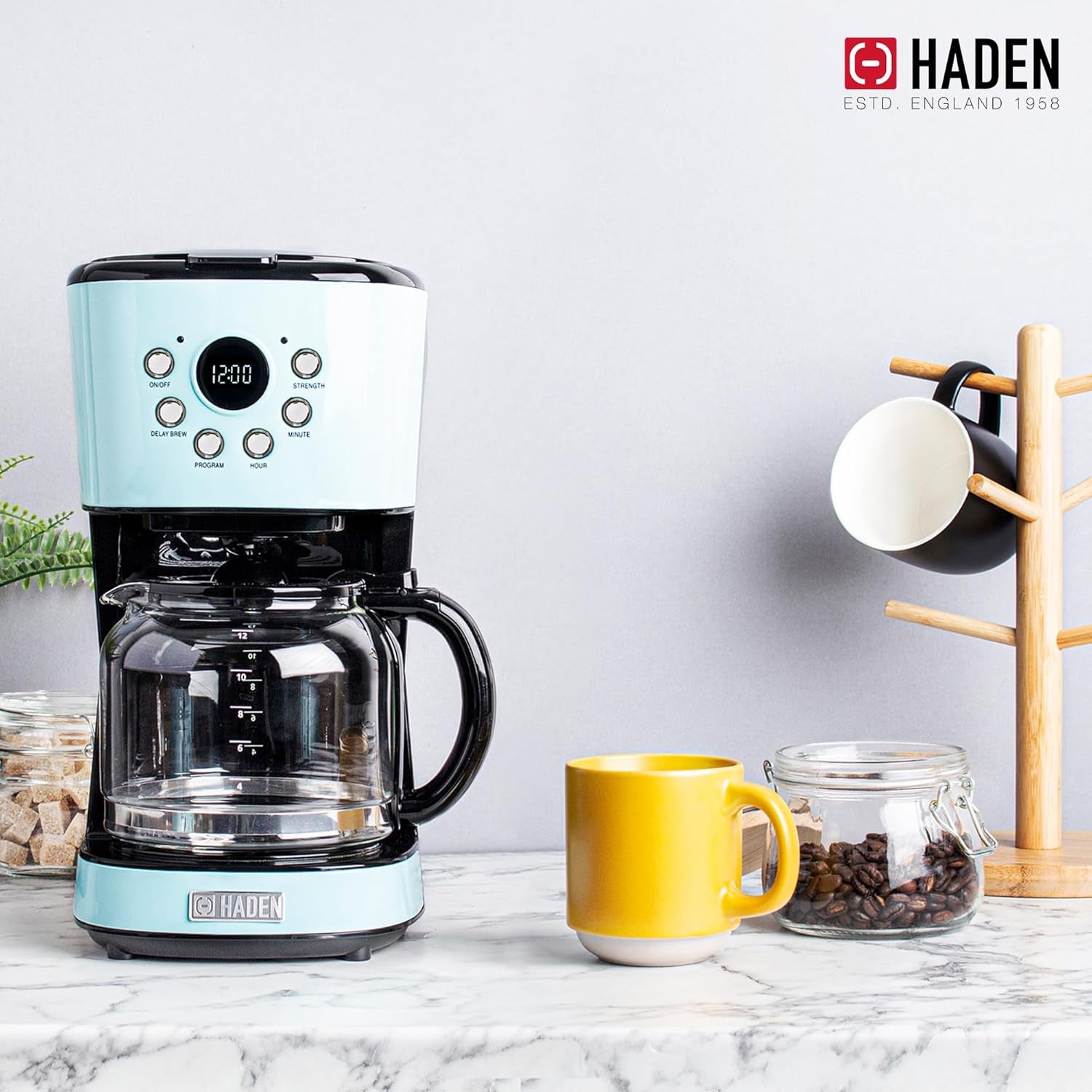 Haden Coffee Machine, 12 Cup Programmable Drip Coffee Maker with Auto Shut-Off Function and Reusable Washable Water Filter, Turquoise & Chrome