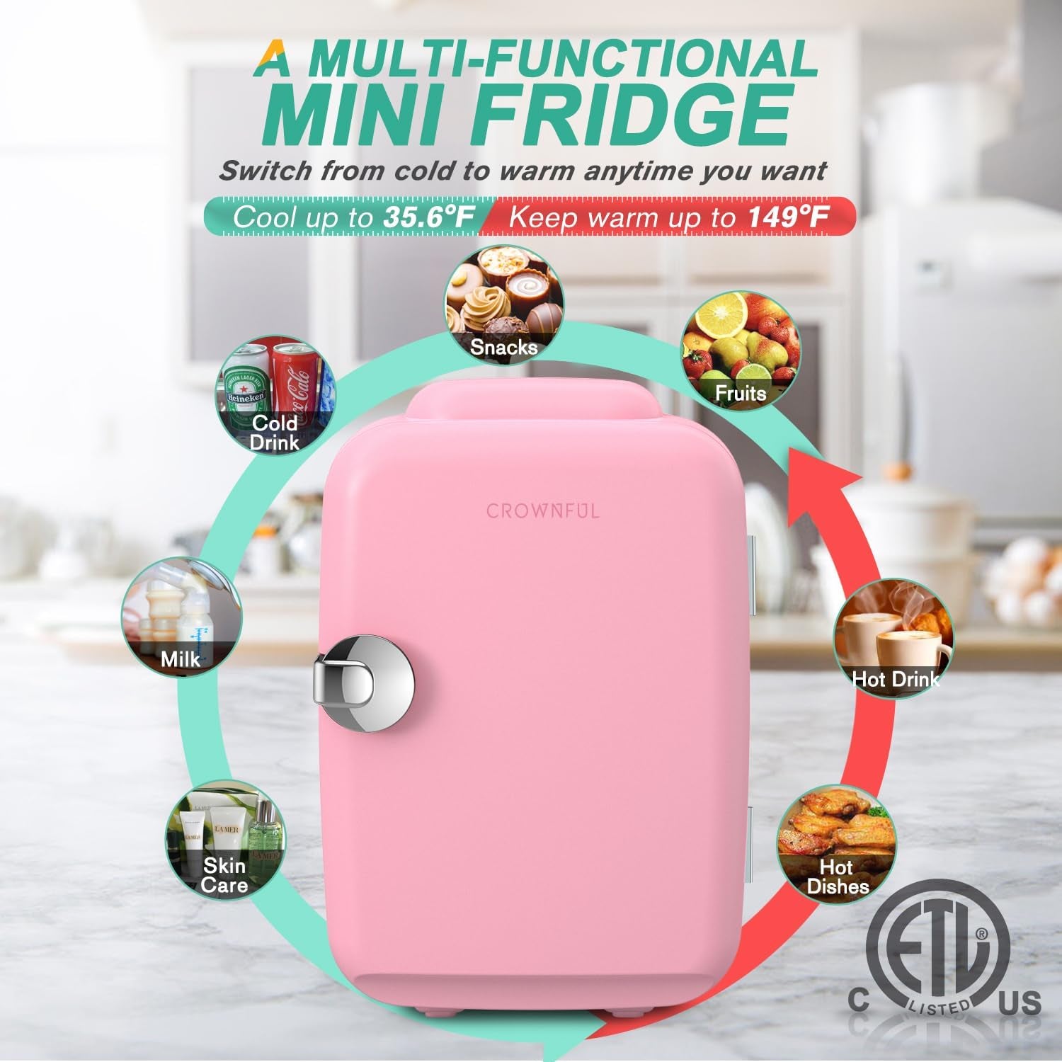 CROWNFUL Mini Fridge 4 Liter 6 Can Portable Cooler and Warmer Fridge for Skin Care & Cosmetics (Pink)