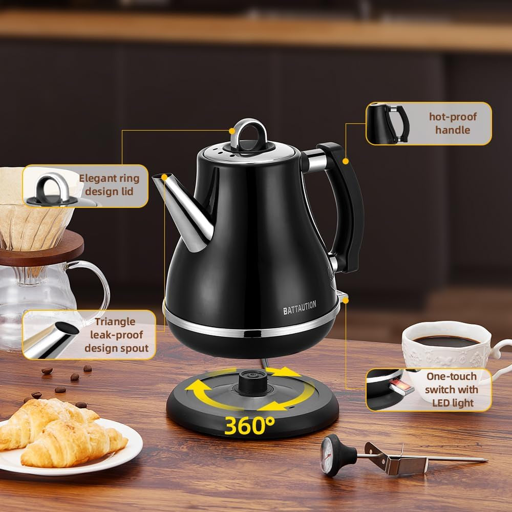 Electric Kettle, 1.2 Liter 1000W Small Hot Water Kettle Electric with 100% 304 Stainless Steel Auto-Shut off and Boil Dry Protection and Fast-Heating Electric Tea Coffee Kettle Black Color