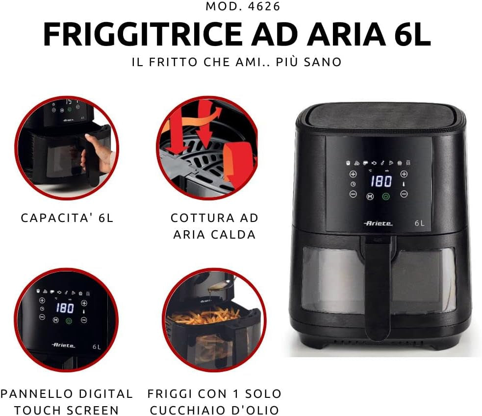 Ariete 4626 Friggitrice Ad Aria 6L, 1300 W, Capacità 6L, Capacità Di Cottura 2,5Kg, 8 Programmi Preimpostati, Temperatura Fino a 200°, Cestello Trasparente per Controllo Cottura, Nero