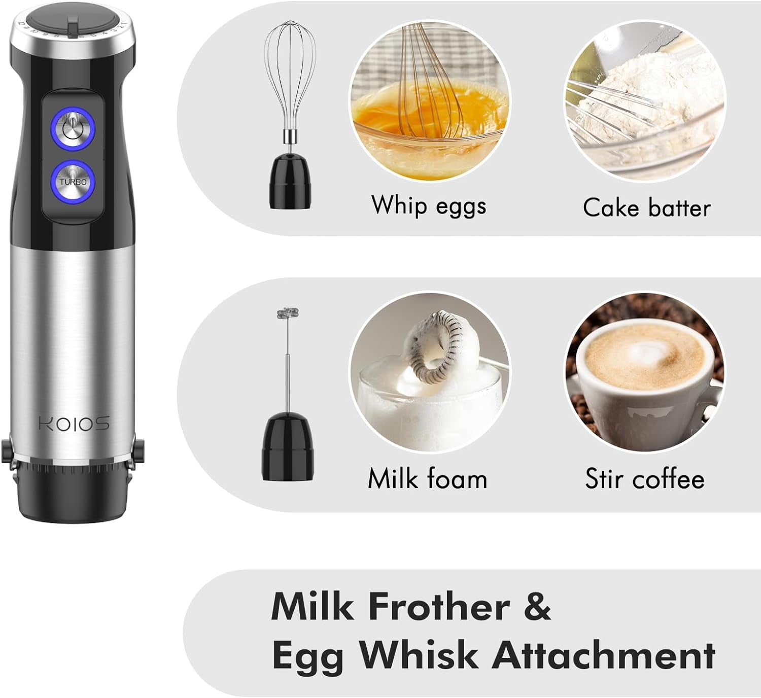 KOIOS 1000W Immersion Hand Blender, Upgrated 5-In-1 Handheld Blender, Full Copper Motor, Titanium Enhanced Blender Shaft, 12-Speeds, 600Ml Mixing Beaker, 500Ml Chopper, Whisk & Milk Frother