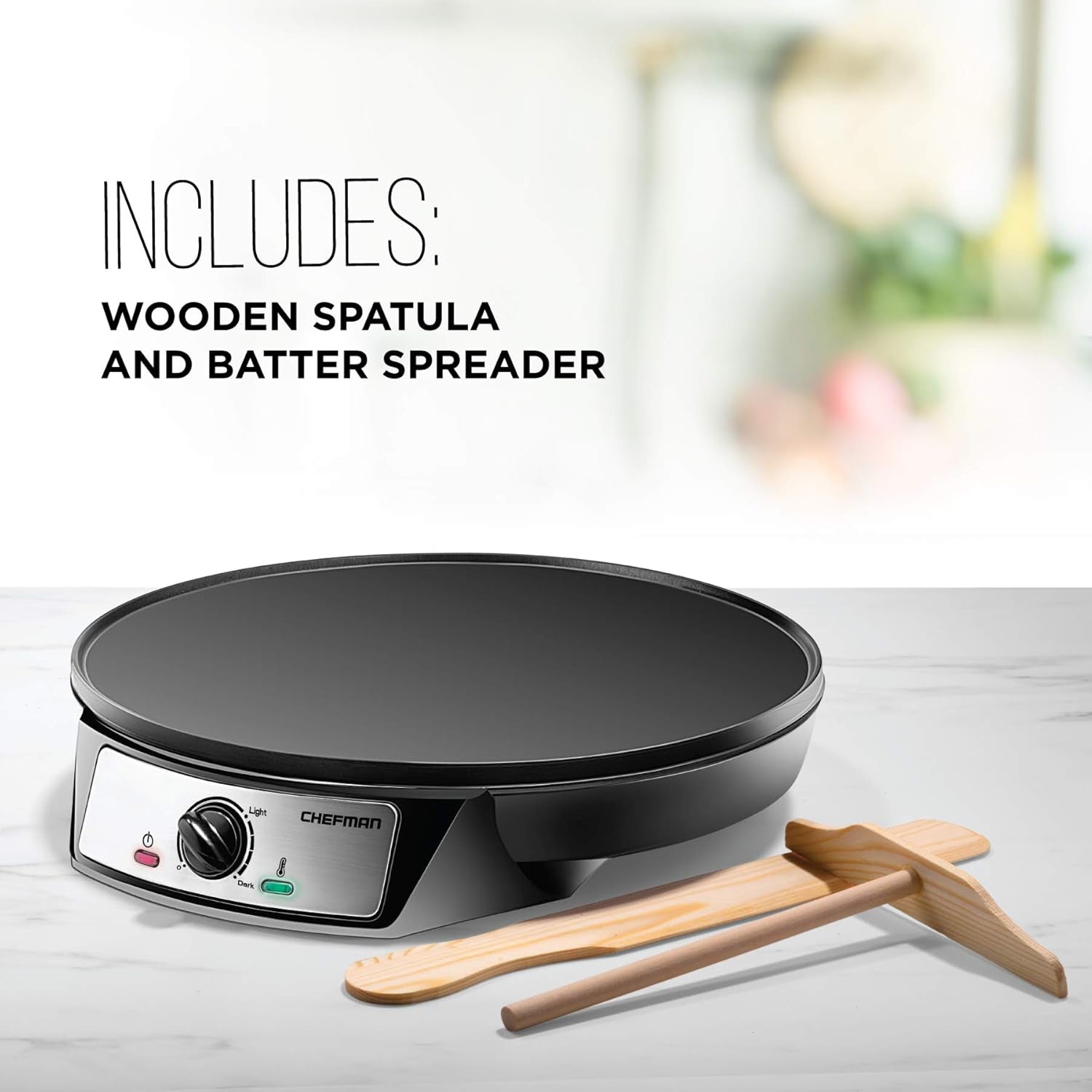 Chefman Electric Crepe Maker & Griddle, Precise Temperature Control Skillet for Perfect Brunch Blintzes, Pancakes, Eggs, Bacon, & Tortillas, 12" Nonstick Grill Pan, Includes Batter Spreader & Spatula