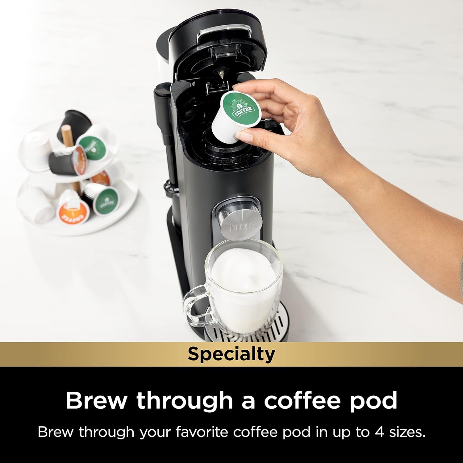 Ninja Pod & Grounds Specialty Single-Serve Coffee Maker, K-Cup Pod Compatible, Brews Grounds, Compact Design, Built-In Milk Frother, 56-Oz. Reservoir, 6-Oz. Cup to 24-Oz. Mug Sizes, Black, PB051