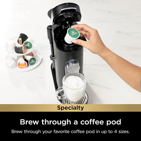 Ninja Pod & Grounds Specialty Single-Serve Coffee Maker, K-Cup Pod Compatible, Brews Grounds, Compact Design, Built-In Milk Frother, 56-Oz. Reservoir, 6-Oz. Cup to 24-Oz. Mug Sizes, Black, PB051