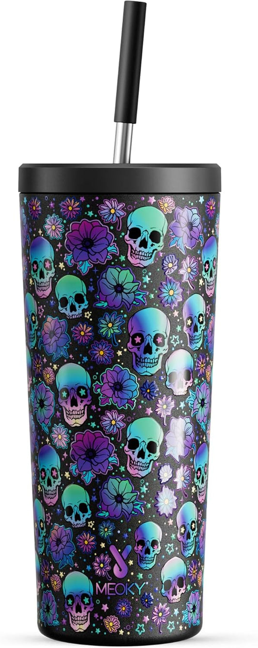 Meoky 24 Oz Halloween Tumbler with Lid and Straw, Stainless Steel Vacuum Insulated Tumbler, Keeps Cold for 24 Hours, 100% Leak Proof, Fits in Car Cup Holder (Black Skull)