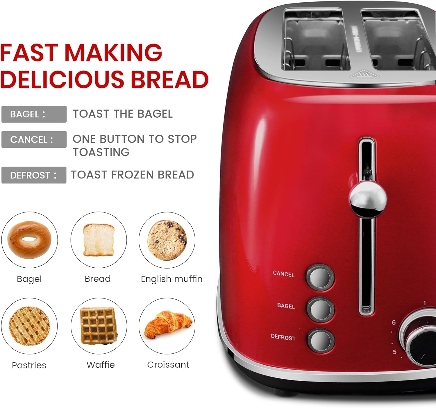 2 Slice Toaster Roter Mond Retro Stainless Steel Toaster with Bagel, Cancel, Defrost Function and 6 Bread Shade Settings Bread Toaster, Extra Wide Slot and Removable Crumb Tray, Red